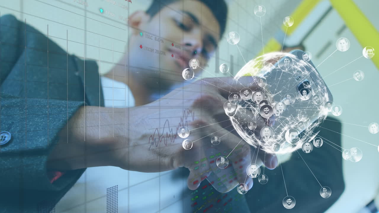 animación del globo y procesamiento de datos sobre hombres biraciales que usan teléfonos inteligentes