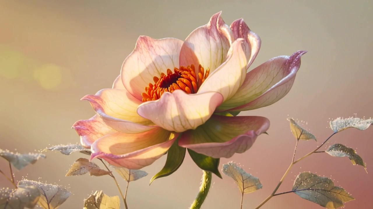La telecamera si muove lentamente e spinge un grande fiore rosa-crema pallido, inclinando la macro per mostrare petali illuminati e foglie rugiadose.