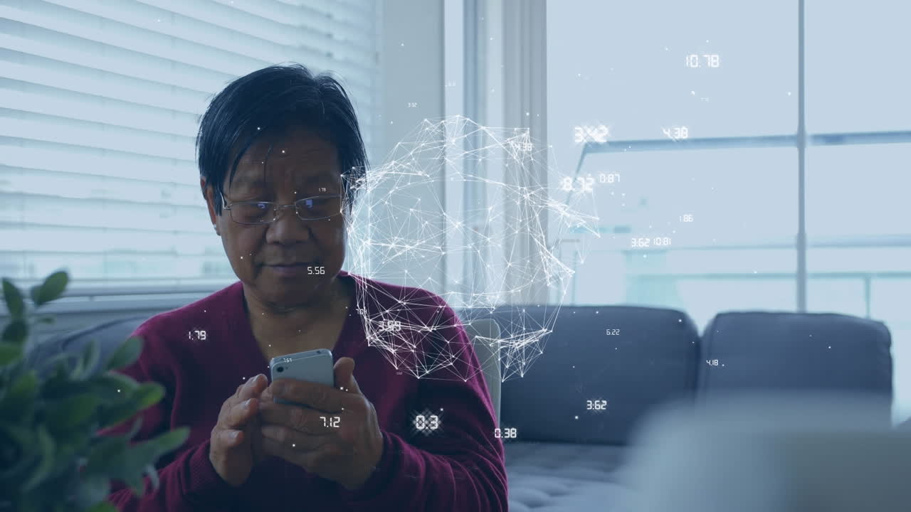 Animation of connections and globe over senior biracial woman using smartphone