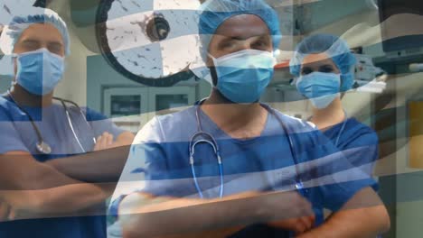 Animation-of-flag-of-greece-waving-over-surgeons-in-operating-theatre