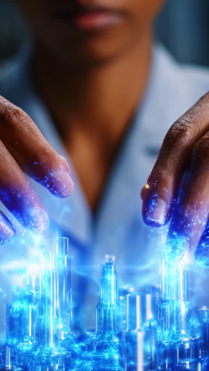 Uno scienziato che manipola campi energetici con mani luminose, creando strutture complesse in una futuristica dimostrazione di tecnologia e innovazione incentrata sulla manipolazione.