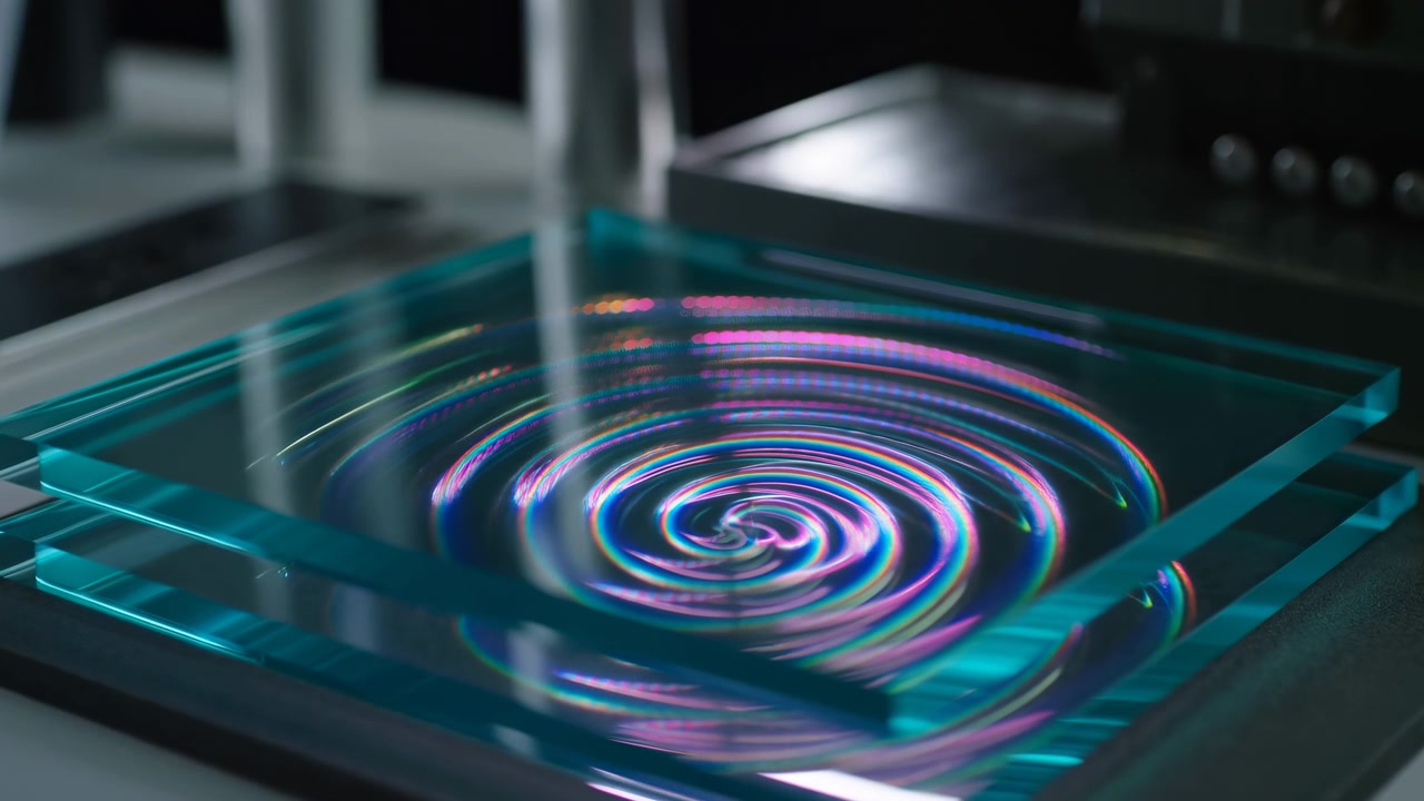 Steady vertical stream strikes center of a clear square plate, while pink, blue, violet and cyan reflections circle outward in smooth ripples against a dim metallic background.