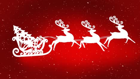 Snow-falling-over-christmas-tree-in-sleigh-being-pulled-by-reindeers-against-red-background