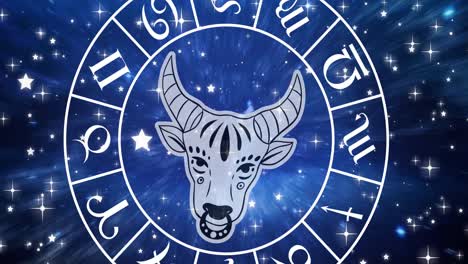 composition of taurus star sign symbol in spinning zodiac wheel over glowing stars