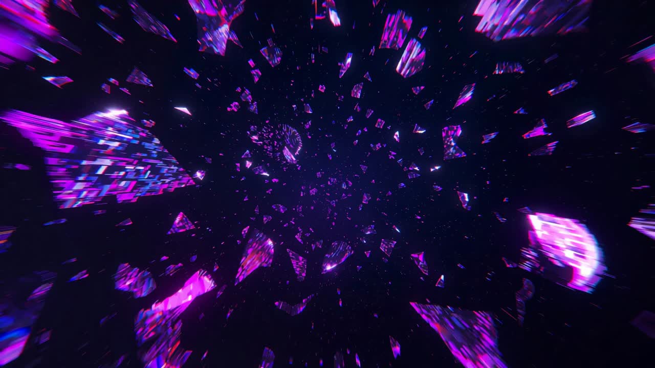 Fracturing purple mass into glowing crystal shards and flecks in dark void creating swirling cloud