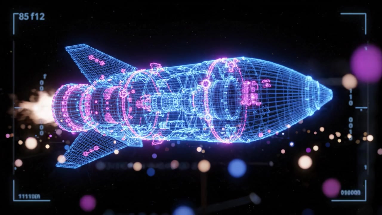 Futuristic Rocket Design: A Stunning 3D Visualization Showcasing Advanced Technology and Engineering in the Space Exploration Sector with a Neon Aesthetic