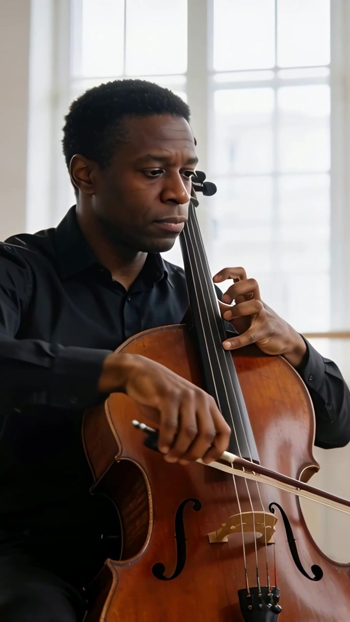 Vertical video: Starting adult cellist in black shirt practicing bowing phrase by window