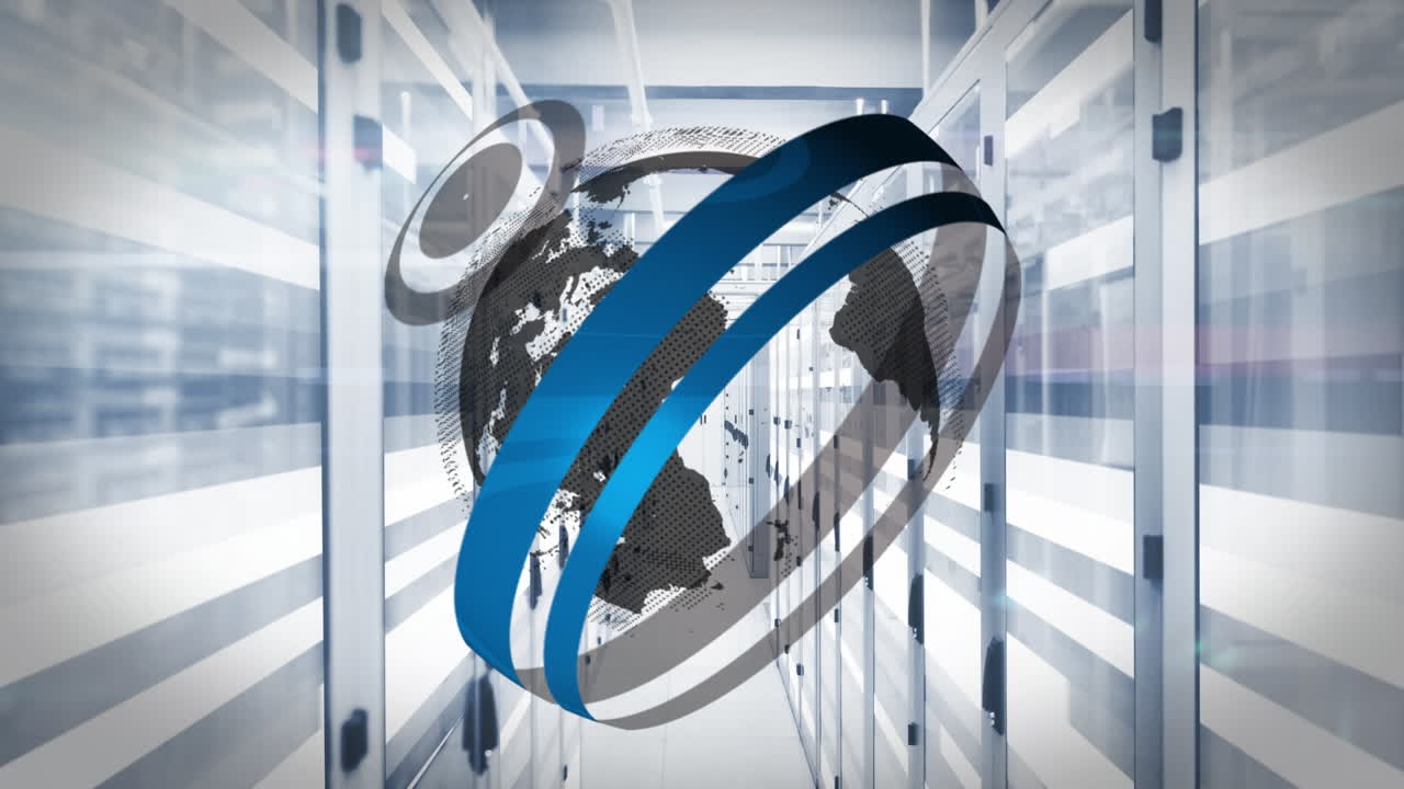 animación de un globo giratorio y rastros de luz contra la sala del servidor de computadora