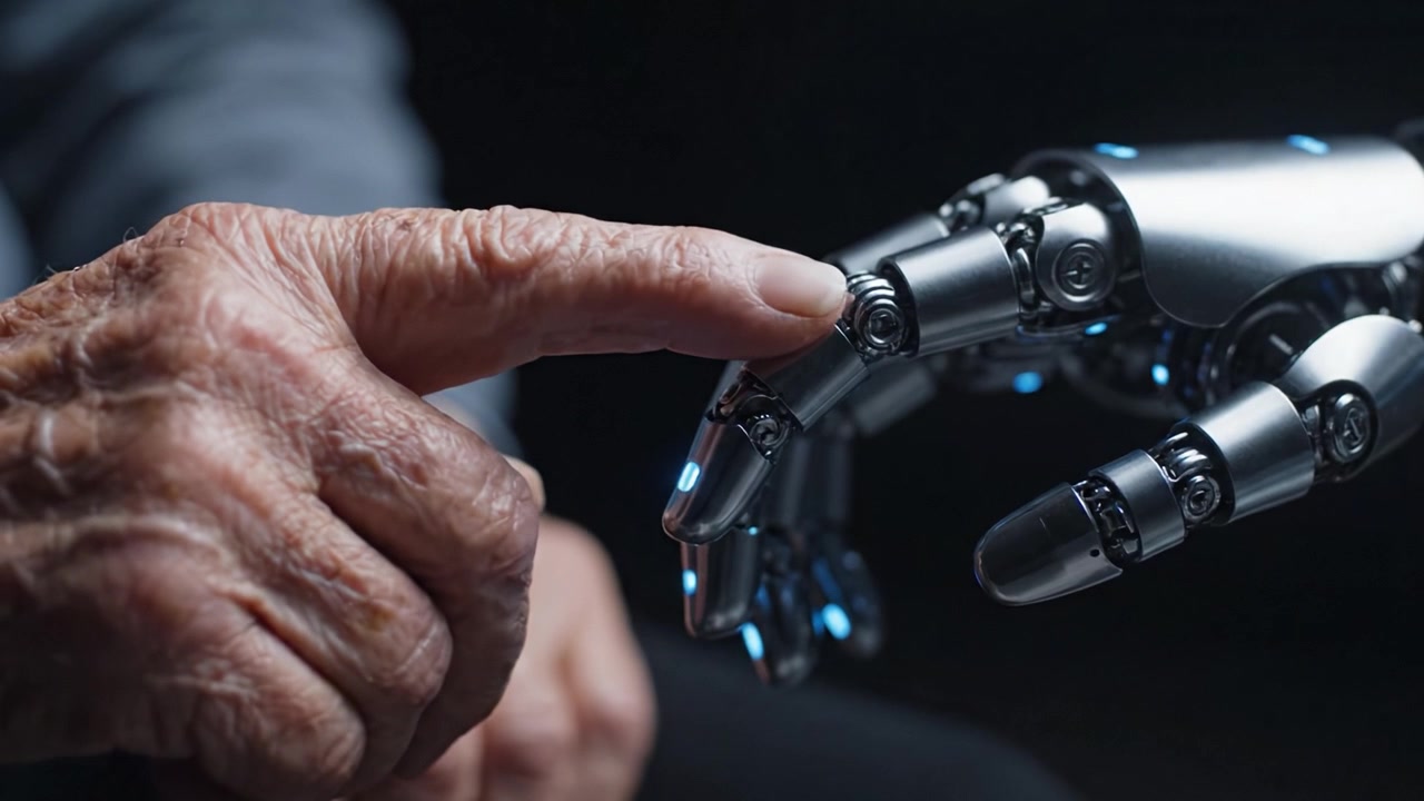 A poignant moment of connection between human and robot, highlighting the intersection of technology and emotion in the evolving landscape of artificial companionship.