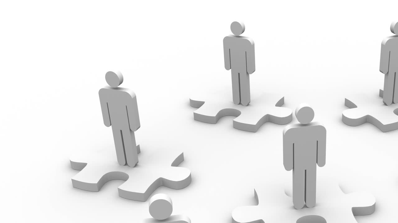 백색 퍼즐 조각 위에 서 있는 사람 아이콘의 애니메이션