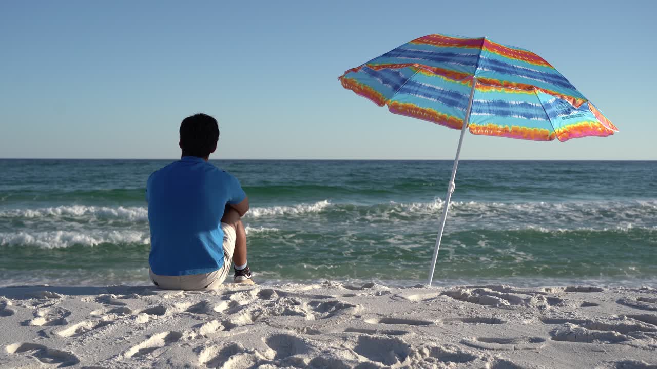 Medium steady shot of a man wearing a blue t-shirt sitting under a colorful sunshade umbrella on the beach, gazing at the sea and horizon from behind with a clear blue sky in the background