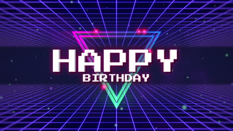 feliz cumpleaños con triángulo de neón y rejilla en galaxia