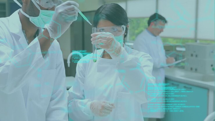 Animation of medical data processing over diverse male and scientists working at laboratory