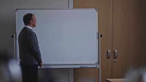 man standing in front of a blank whiteboard in a classroom or office