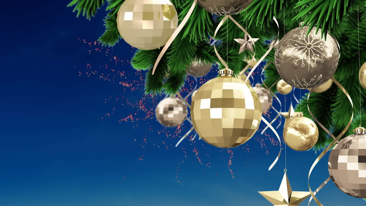 animación de decoraciones navideñas sobre fuegos artificiales en fondo oscuro
