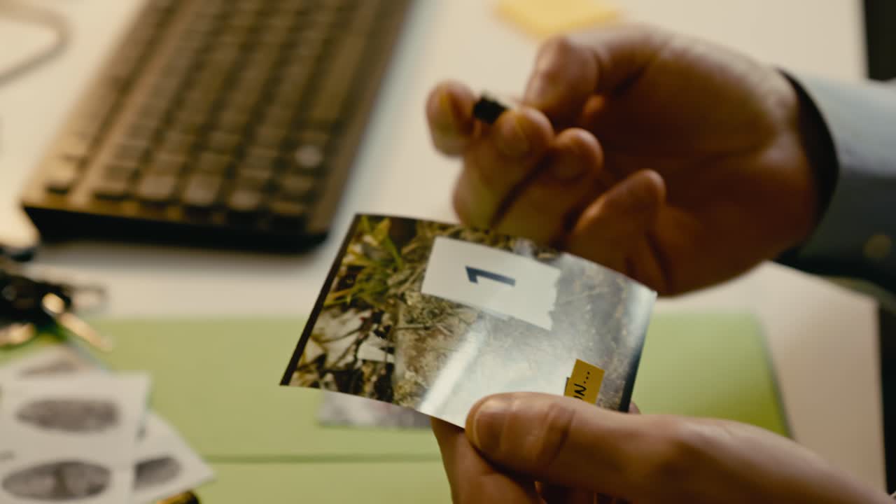 The detective is comparing the bullets to the crime scene photo