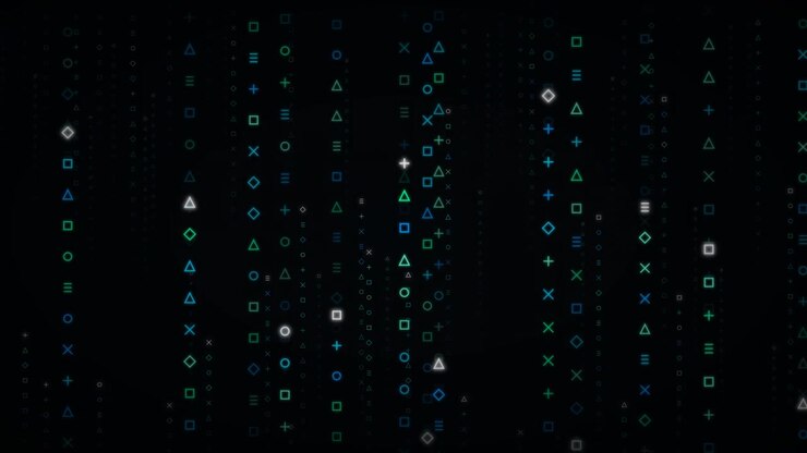 Digital Matrix Background with Falling Geometric Symbols