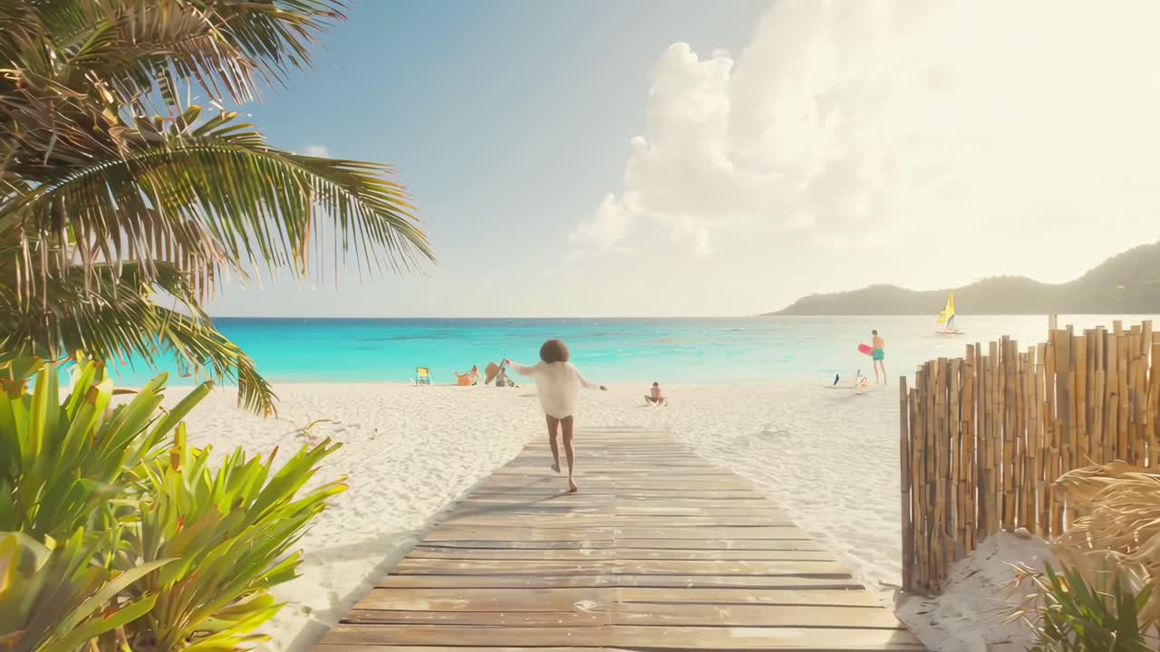 Il video riprende una donna che cammina verso una spiaggia vista da dietro, incorniciata da un'inquadratura dal basso