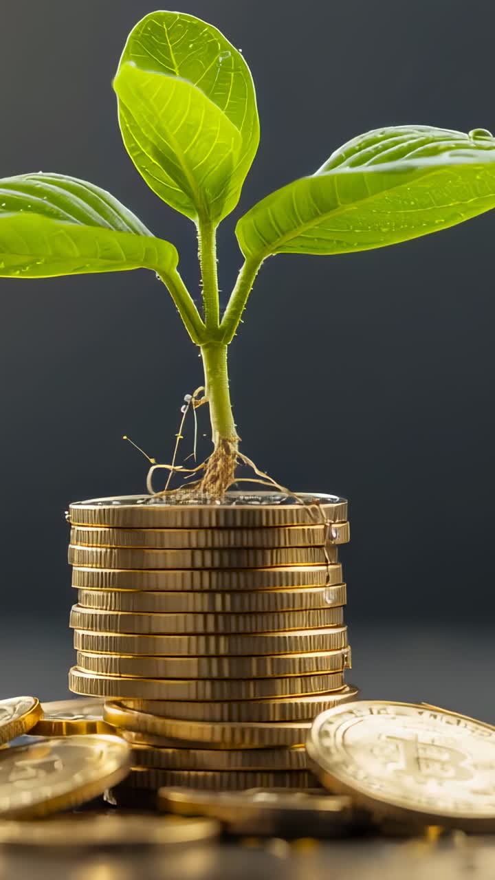 Vertical video: Camera holding focus on coin stack in studio showing seedling emerging for growth