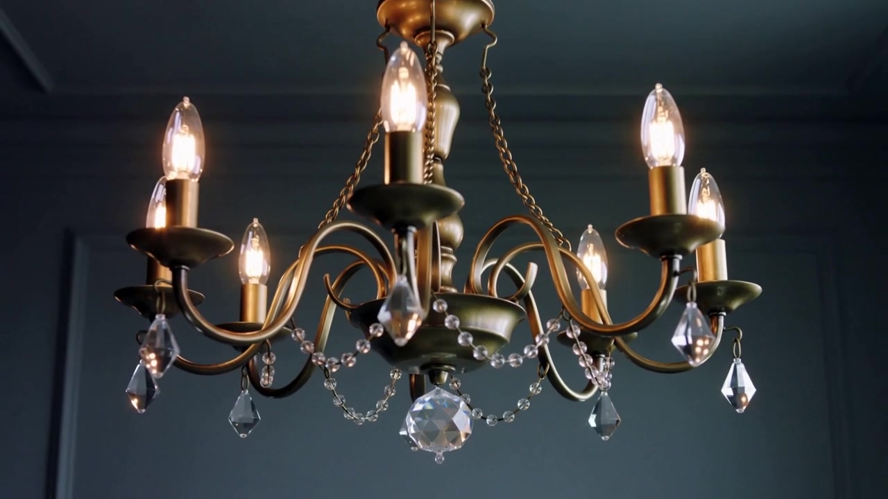 La telecamera si allontana, una goccia di cristallo cattura la luce e rivela un elemento in ottone in un ambiente formale.