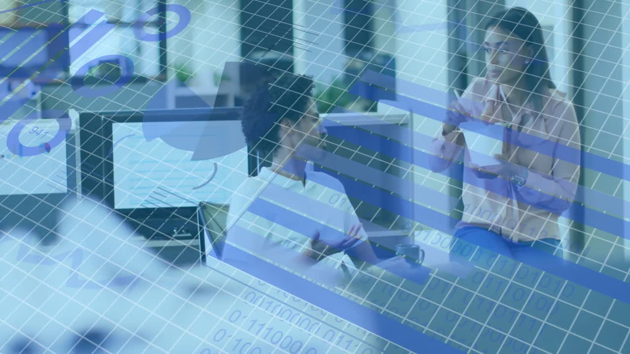 사무실에서 토론하는 다양한 남성과 여성에 대한 통계 데이터 처리의 활성화