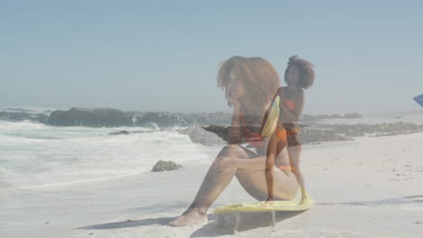 animation of biracial female surfer over female surfer at beach