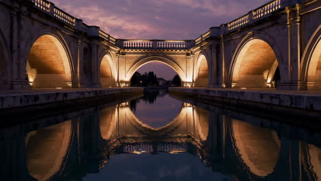 illuminated bridge over canal at twilight