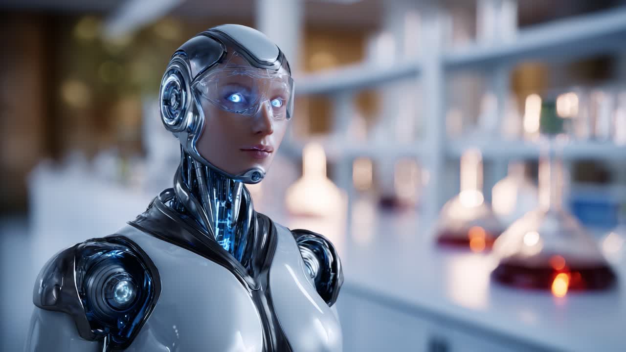 Futuristic humanoid robot with glowing eyes stands in a modern laboratory filled with glassware, showcasing advanced technology and scientific innovation in robotics