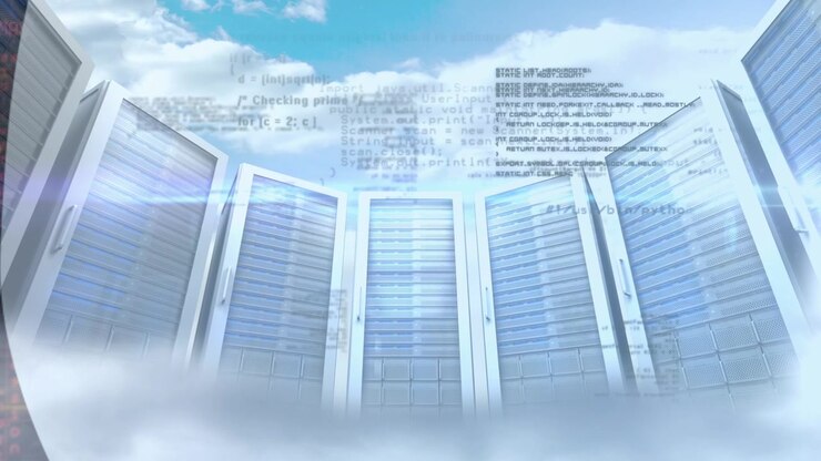 Animation of data processing over multiple computer servers and clouds in the sky