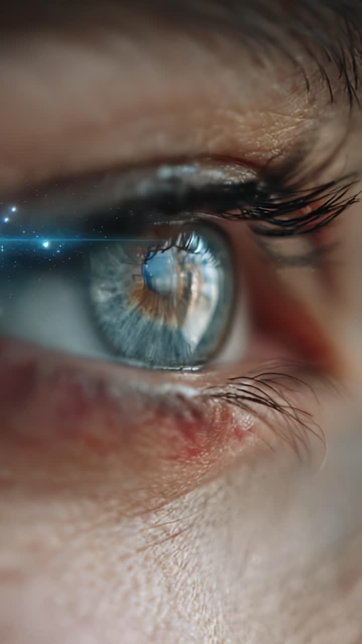 Esplorazione ravvicinata di un occhio complesso, che cattura la profondità e i dettagli delle emozioni umane, il riflesso e i colori unici all'interno dell'iride