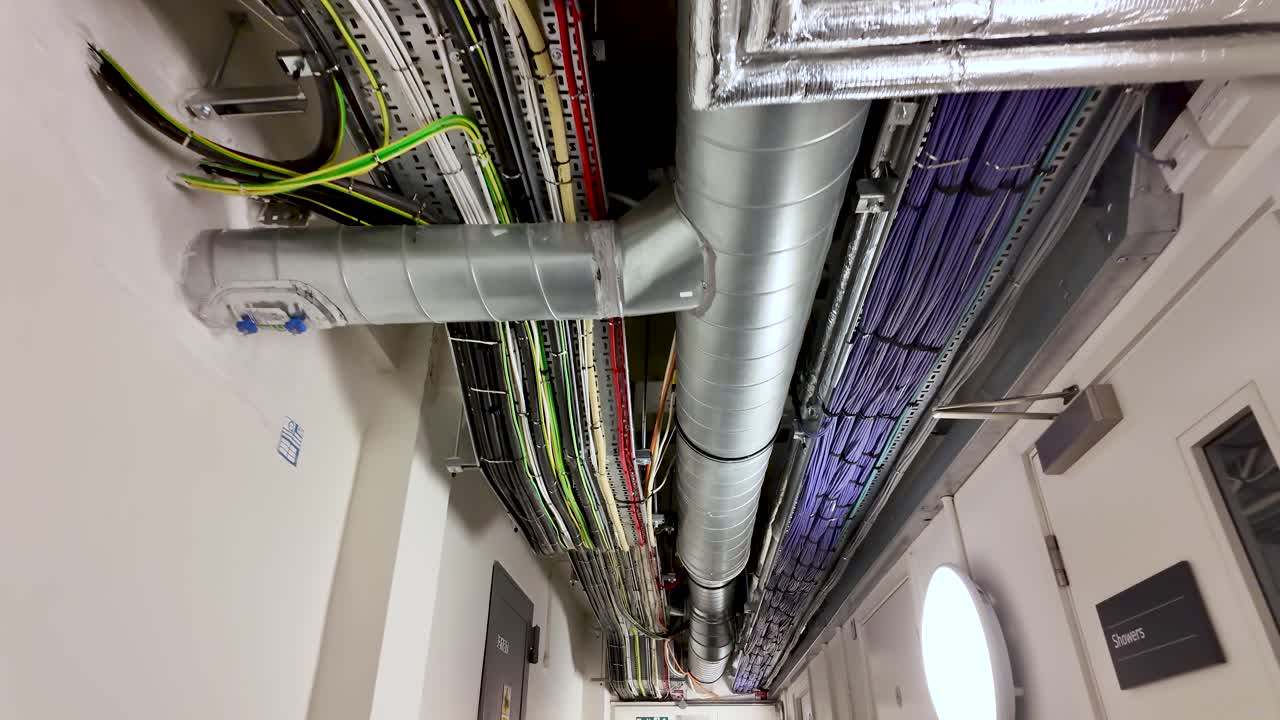 Exposed Insulated Piping and Network Cables Running Along the Ceiling of a Basement or Utility Room Showing Complex Infrastructure and Building Systems