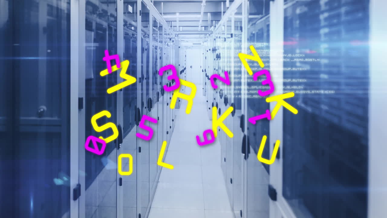 Animation of colorful letters floating over server racks in data center corridor