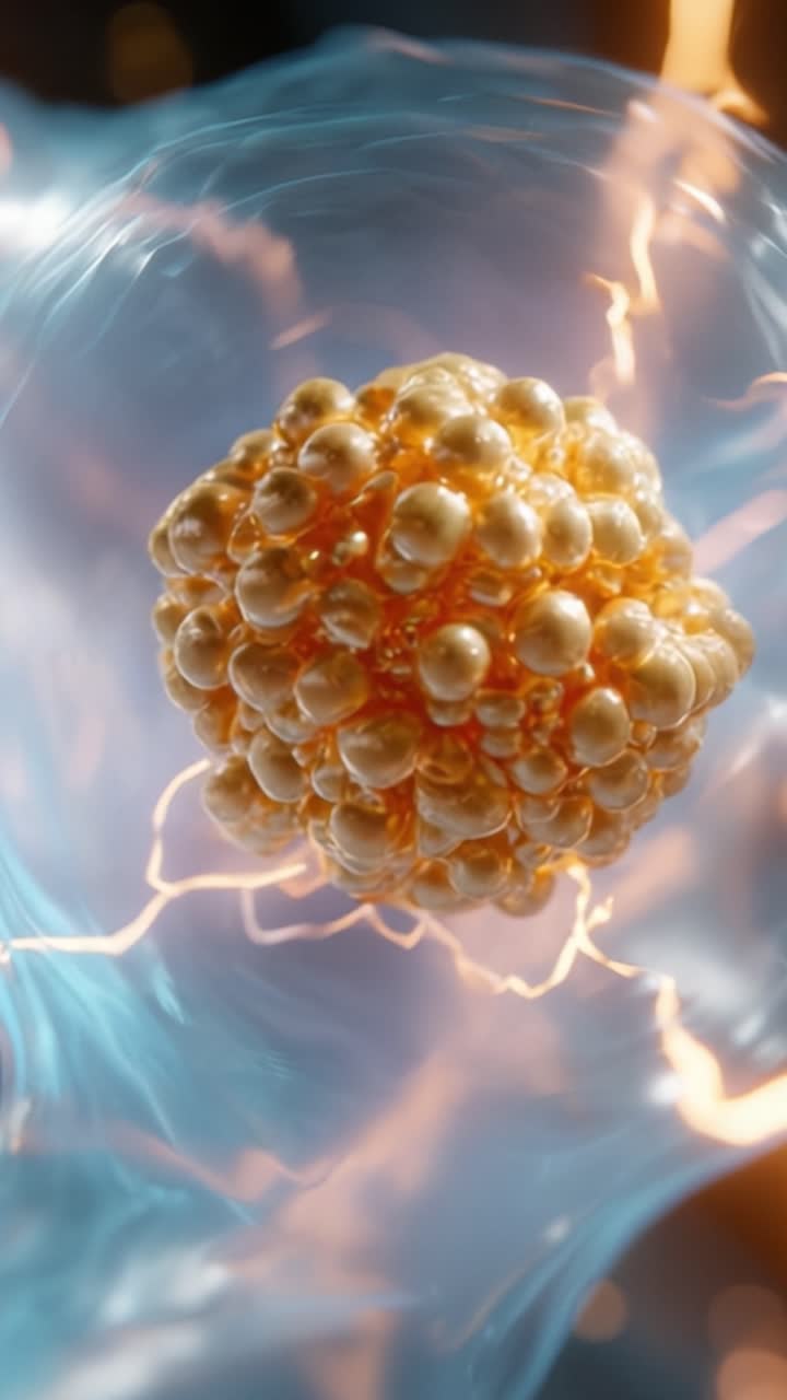 Una vista ravvicinata di una cellula vibrante circondata da luce energetica, che mostra dettagli intricati e struttura in un ambiente biologico dinamico.