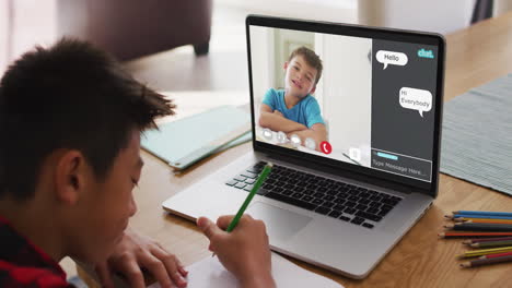 escolar que usa una computadora portátil para una lección en línea en casa, con un amigo de la escuela y un chat web en la pantalla
