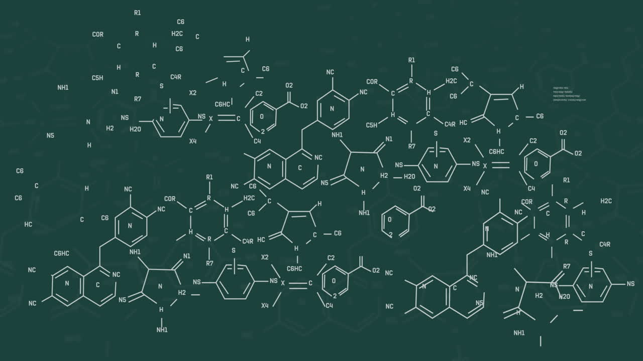 animación de la fórmula química y procesamiento de datos en fondo verde