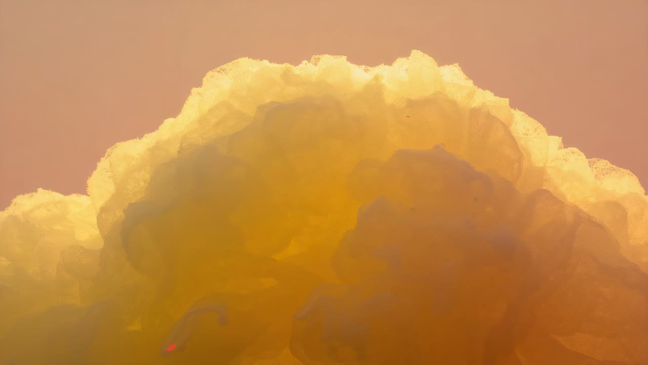 Frames starting, translucent jellyfish drifting across golden cloud in sunset sky, showing red dot