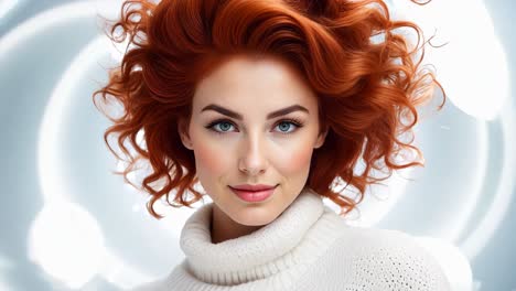 a woman with red hair wearing a white sweater