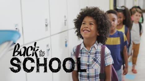 animation du texte de retour à l'école sur des écoliers heureux et divers à l' école