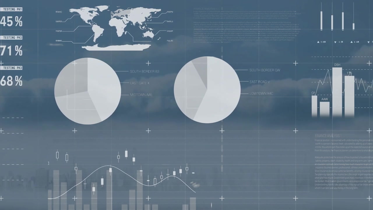 Animation of financial data processing and statistics over clouds