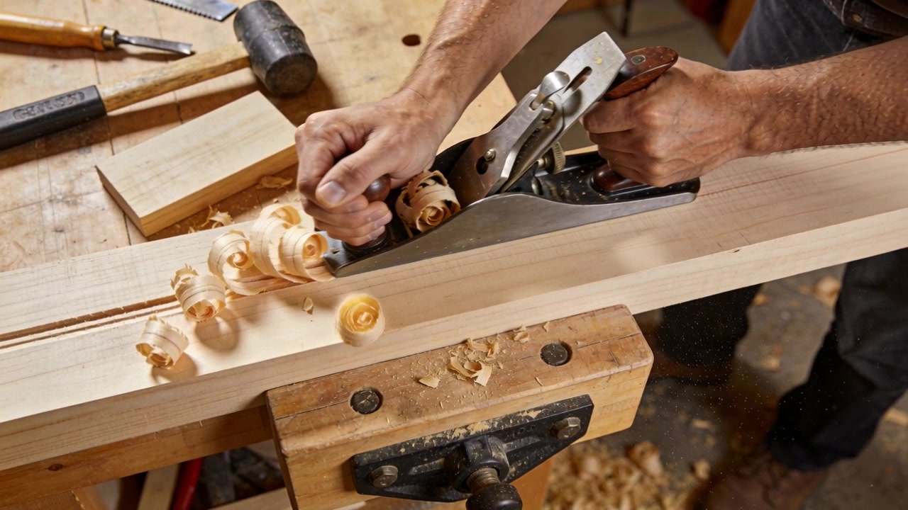 Een timmerman in een donker overhemd hanteert een metalen schaaf en duwt deze langs een gegroefde plank op de werkbank om glad te maken.