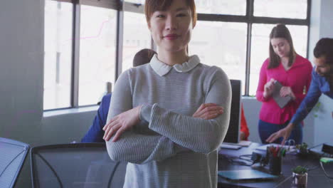 animation of grid pattern on portrait of smiling asian businesswoman with arms crossed in office