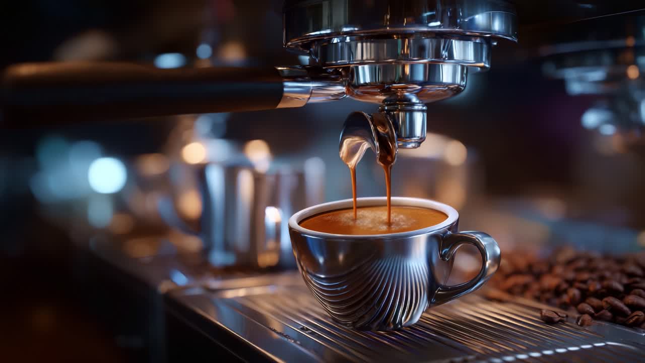 Espresso appena fatto versato in un'elegante tazza con ricca crema di caffè e macchina da caffè lucente in una tenue luce ambientale