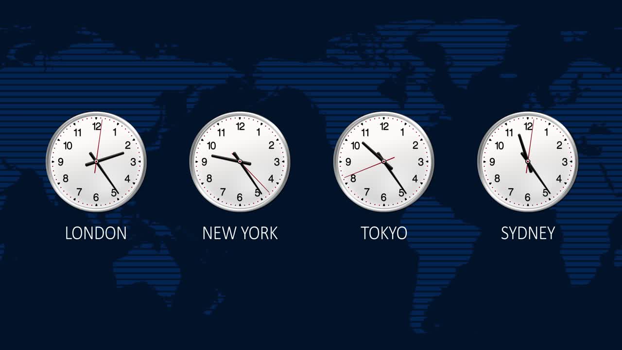 4K Business clock counting down 12 hours over 30 seconds. Stock exchange. News blue background. Four time zone
