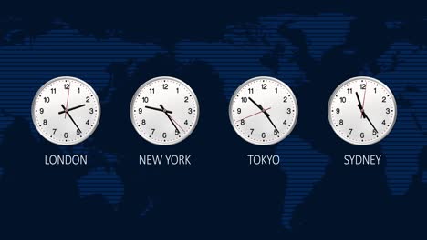 4k business clock counting down 12 hours over 30 seconds. stock exchange. news blue background. four time zone