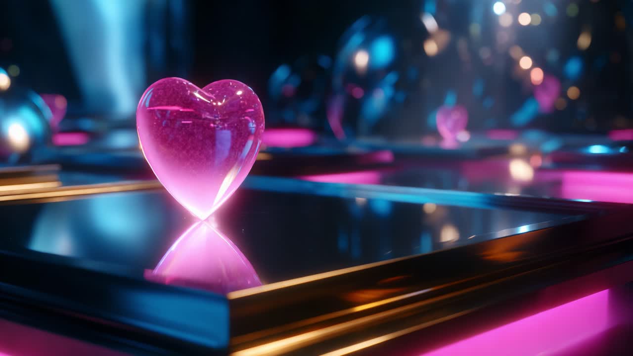 A Stunning Display of Illuminated Heart Objects on a Reflective Surface, Surrounded by Soft Colorful Lights Creating an Enchanting and Romantic Atmosphere in a Modern Artistic Setting