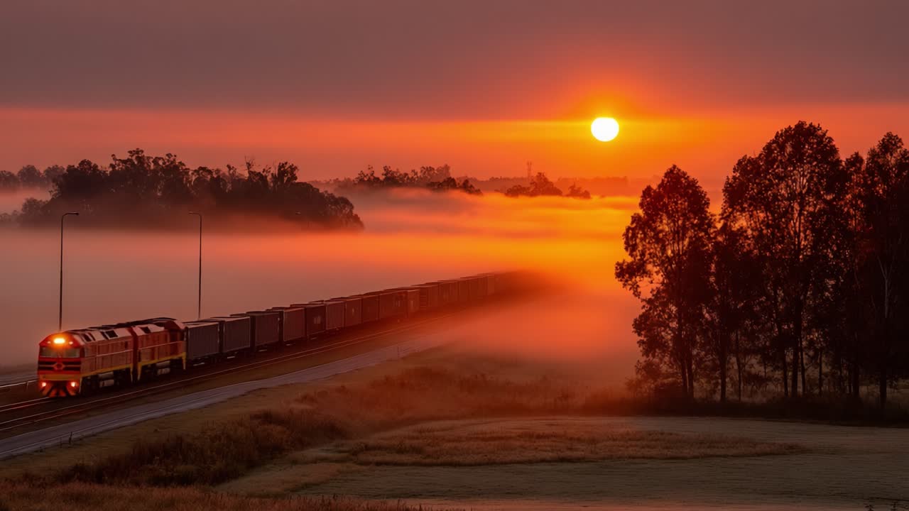 A Majestic Train Journey at Dawn: Capturing the Serene Beauty of a Foggy Landscape as the Sun Rises Over the Horizon and Illuminates the Tracks