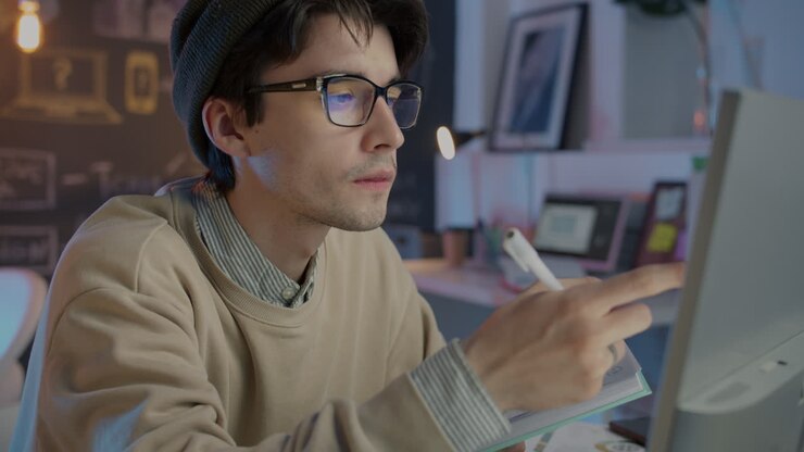 Young Man Studying at a Computer
