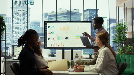 teammates assembling in a boardroom to go over their analysis results