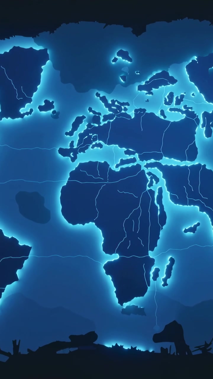 Video verticale: Premendo play, mappa blu neon pulsante, che si muove sopra una silhouette, evidenziando le coste.