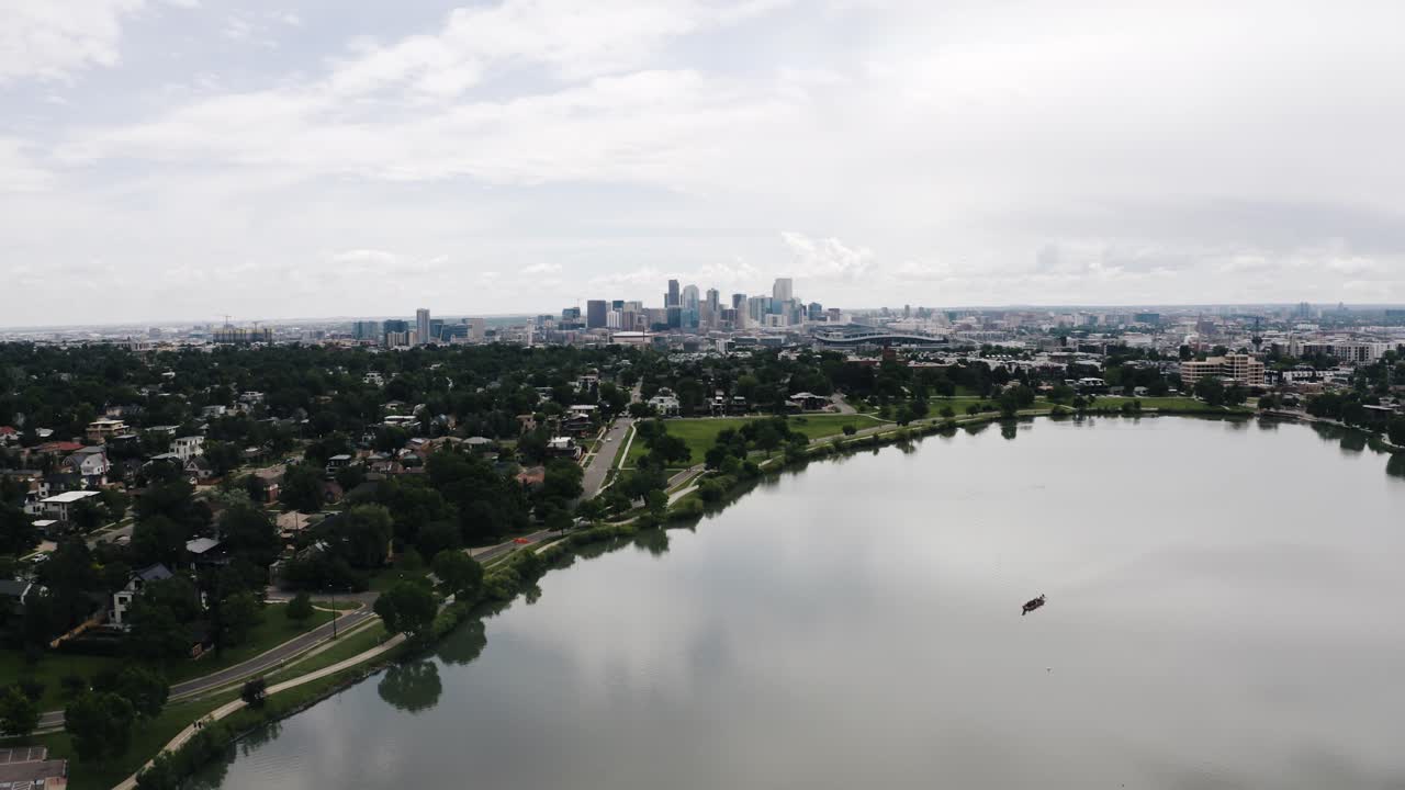 Drone shot of the Sloan's Lake shoreline in Denver, Colorado